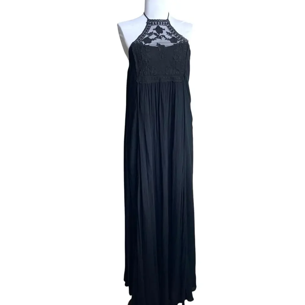 ABERCROMBIE FITCH Y2K Halter Lace Maxi Dress Black‎ XS Oversized Fairy Boho Goth